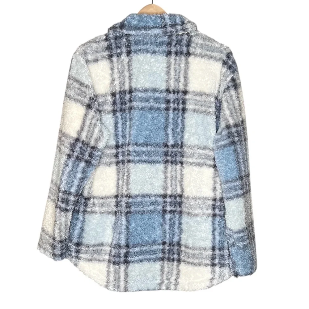 Hollister Blue Plaid Sherpa Shacket Oversized Shirt Jacket Size L Cozy Cabincore